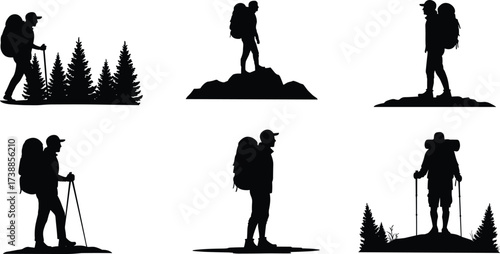 Hiking man silhouettes with backpack and trekking poles, mountain climbing, forest exploration, outdoor adventure travel, camping and wilderness vector design
