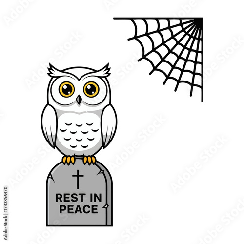 A whimsical cartoon owl perches on a weathered tombstone with a spiderweb, embodying a cute yet spooky Halloween vibe. Perfect for festive holiday designs and eerie decorations.