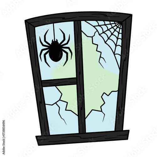 Spooky cartoon broken window featuring a hanging spider and intricate web, ideal for Halloween themes, haunted house designs, or conveying a sense of neglect and mystery.