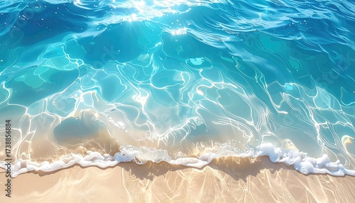 Sunlit turquoise waves on sandy shore