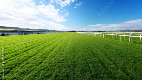 Lush Green Race Track Grass Field under Blue Sky