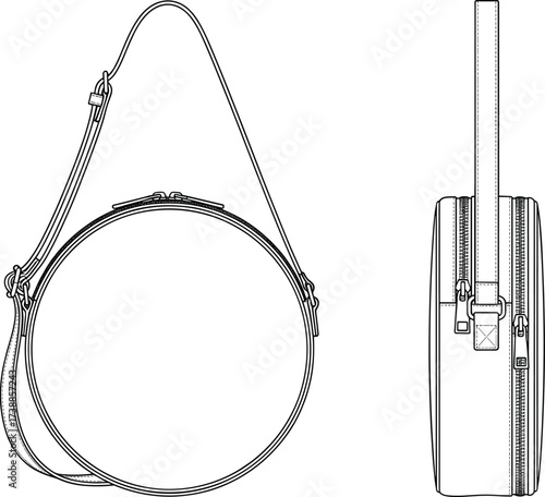 Round crossbody bag CAD drawing, flat vector illustration, handbag design sketch, fashion accessory outline, technical circle purse blueprint