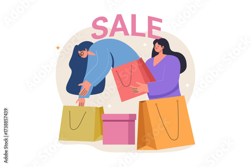 People reaching into shopping bags with SALE text above