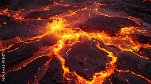 Molten, vibrant orange and red lava bubbling and aggressively spilling over a black surface.
