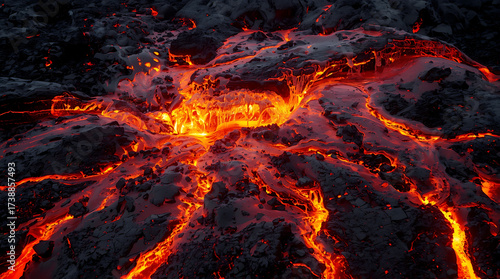 Molten, vibrant orange and red lava bubbling and aggressively spilling over a black surface.
