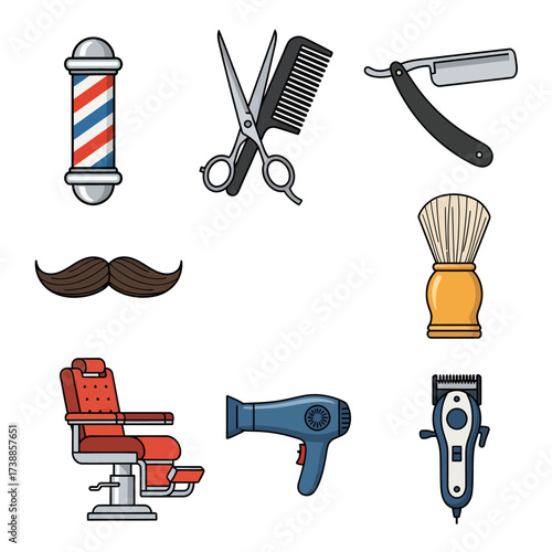 Colorful barbershop equipment and accessories icon set vector illustration.