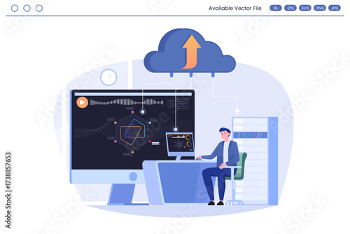 Person at desk with computer and server rack cloud upload icon