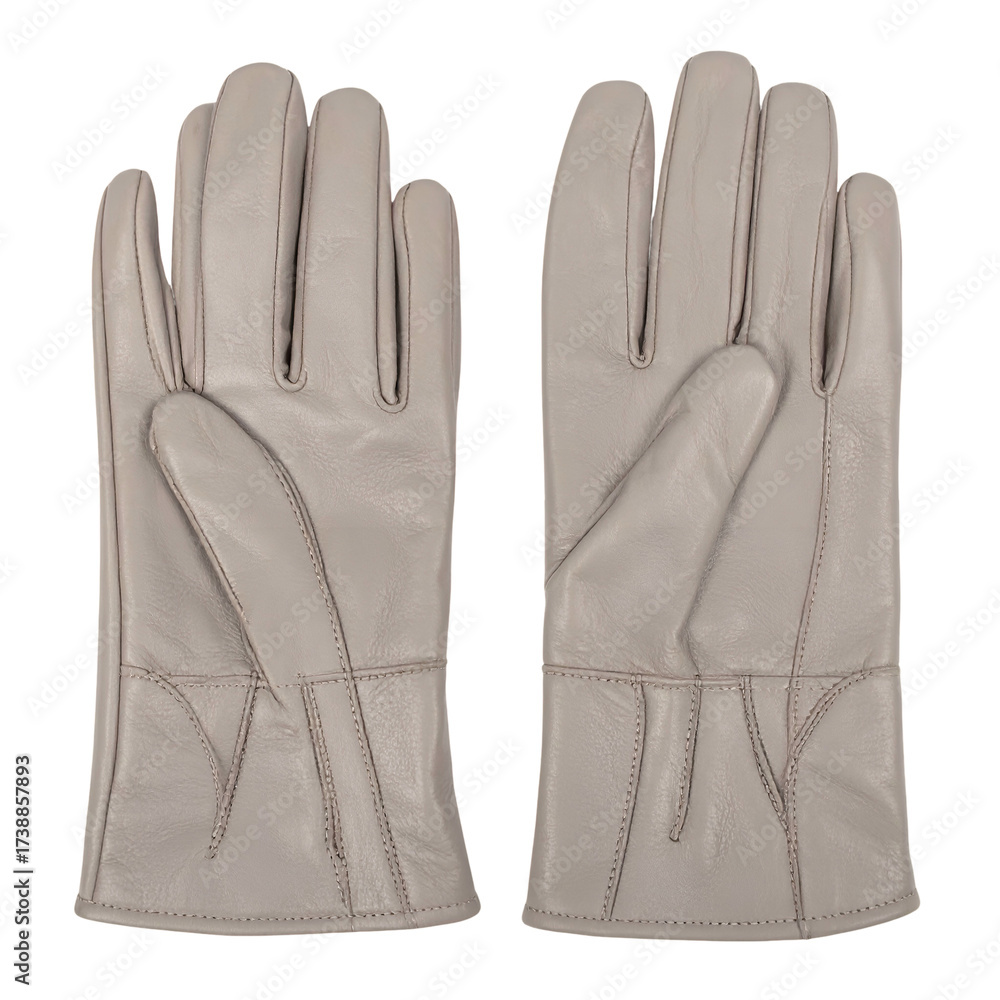 Obraz premium Luxurious, soft, light gray leather gloves are laid out on a stark, black background, showing the backs of the gloves in a clean, isolated shot, highlighting the fine details and meticulous...