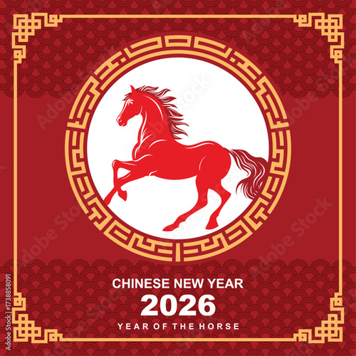 chinese new year the horse zodiac with oriental circle frame red and gold