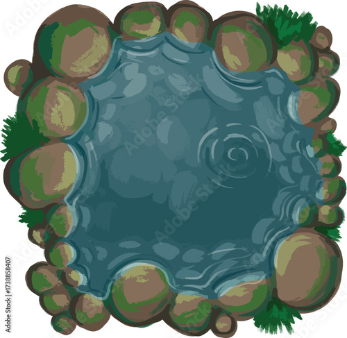 Overhead view of a stylized pond with rocks and greenery