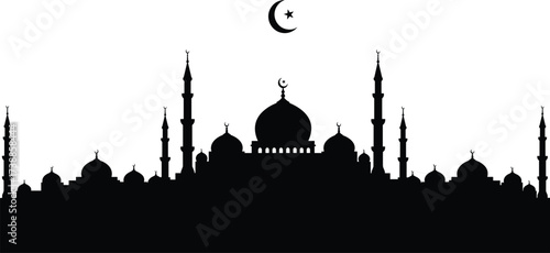 Islamic mosque silhouette with crescent moon and star, religious architecture design, holy place illustration, Ramadan Kareem, Eid celebration artwork.Islamic mosque silhouette with crescent 