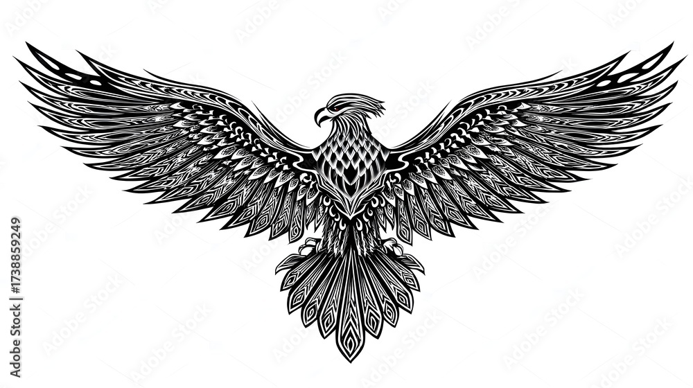Obraz premium Detailed Black and White Eagle Illustration in Tribal Style