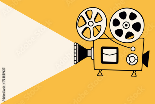 Vintage Film Projector Illustration on Vibrant Yellow Background with Light Beam