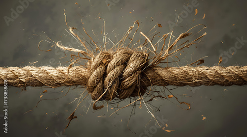 A tightly wound, frayed rope snapping with visible tension and force.
