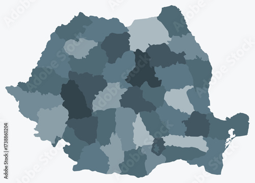 Map of Romania with regions. Just a simple country border map with region division. Blue grey color palette. Plain Romania shape with administrative division. Vector illustration.