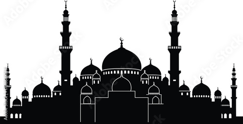 Islamic mosque silhouette with domes and tall minarets, crescent moon design, holy place for Muslim prayer, Ramadan, Eid celebration illustration.Islamic mosque silhouette with domes 