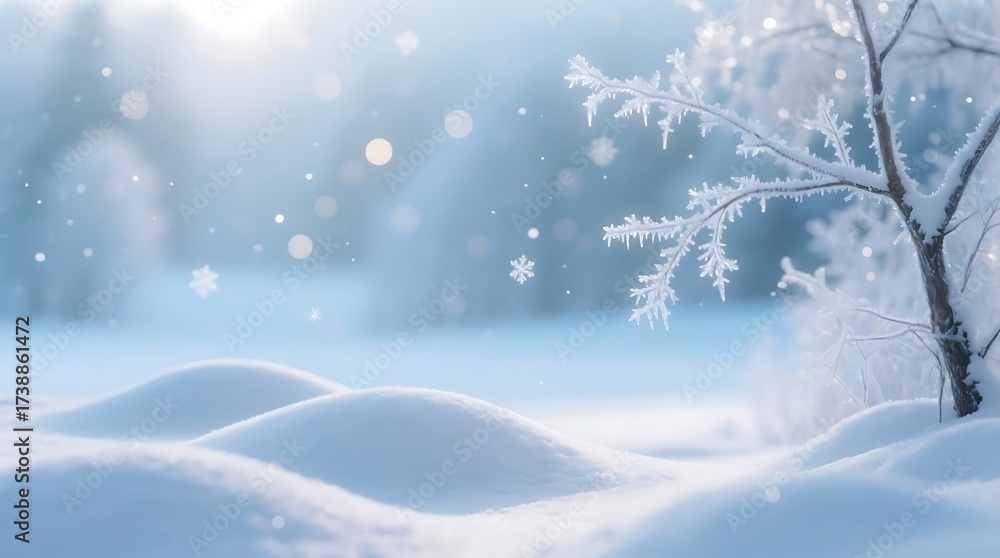 Fototapeta premium Dreamy Winter Landscape with Frosted Branches, Soft Snow, and Bokeh Lights