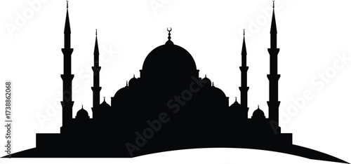 Islamic mosque silhouette with multiple tall minarets and central dome, religious architecture artwork, Muslim worship place, Ramadan, Eid, spirituality illustration.