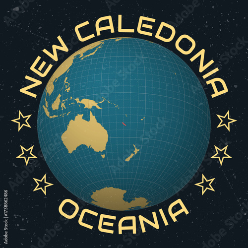 New Caledonia on Globe. Country name round text. Vintage look with grunge scratched texture. Country view on world map in Sky Blue Light Yellow color palette. New Caledonia shape on map.