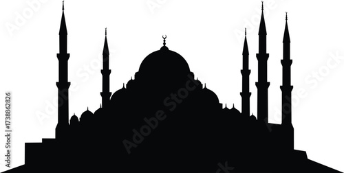 Islamic mosque silhouette with tall minarets and central dome, holy architecture design, Muslim worship place, Ramadan, Eid, spirituality illustration.