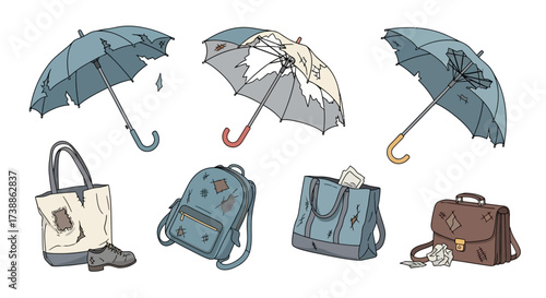 Hand drawn collection of broken umbrellas and various bags illustration set.