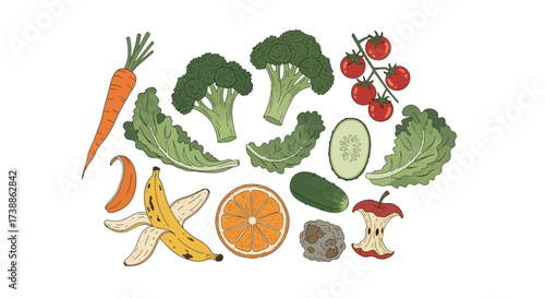 Hand Drawn Illustration of Fruits and Vegetables for Composting.