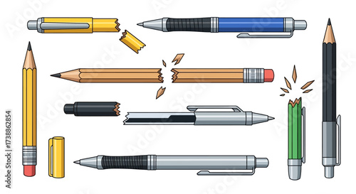 Vector Set of Whole and Broken Pens and Pencils.