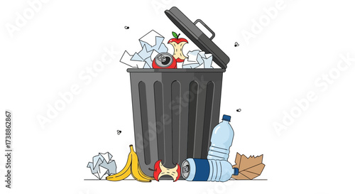 Overflowing trash can with various waste items.