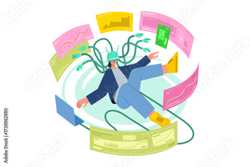 Person in VR headset surrounded by floating data screens and charts