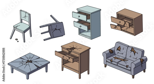 Damaged furniture set, broken chair, table, sofa, and drawers.