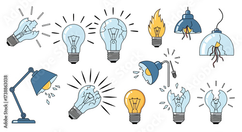 Hand Drawn Doodle Set of Light Bulbs and Lamps.