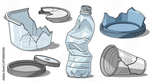 Set of Crushed and Broken Plastic Waste Illustrations.