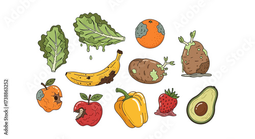 Collection of Spoiled Fruits and Vegetables Illustration.