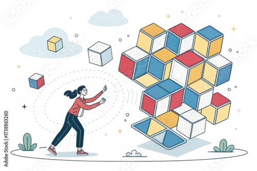 A woman interacting with floating colorful cubes in a whimsical environment with clouds