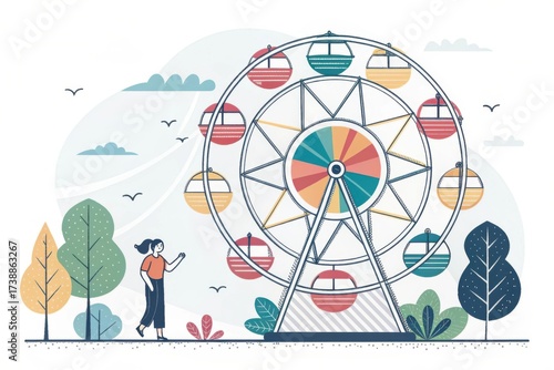 A woman walks near a colorful Ferris wheel in a vibrant amusement park setting