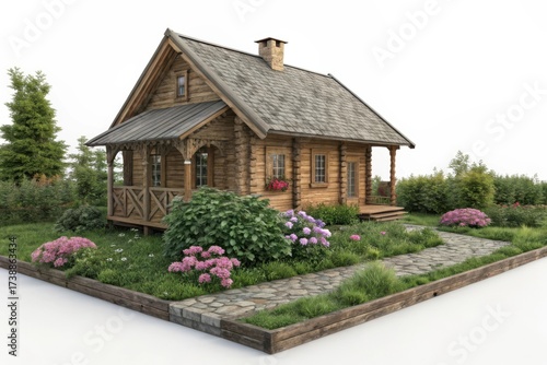 Charming wooden cottage surrounded by vibrant flowers and lush greenery in a serene garden