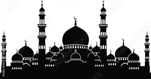 Magnificent Islamic mosque silhouette with domes and tall minarets, crescent moon, spirituality, Ramadan, Eid celebration, Islamic architecture, religious faith, worship.Magnificent Islamic mosque 