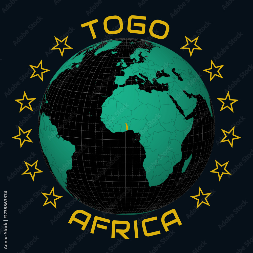 Obraz premium Togolese Republic on Globe. Round country and continent name text. Country view on world map in Black Emerald color palette. Togo shape on map. Classic vector illustration.