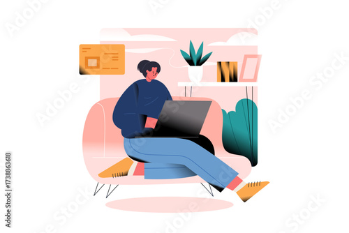 Person on couch with laptop and floating card