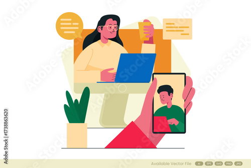 Person on computer video calling another person on phone with plant