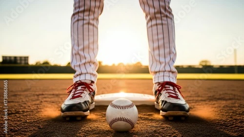 Player in pinstripes and cleats stands over home plate on dirt field A baseball sits between their feet illuminated by golden hour sun Distant scoreboard visible warm light casting shadows