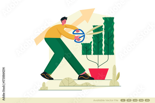 Person trimming a plant shaped like a stock chart