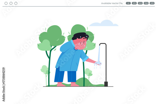 Person washing face at outdoor faucet near trees and grass