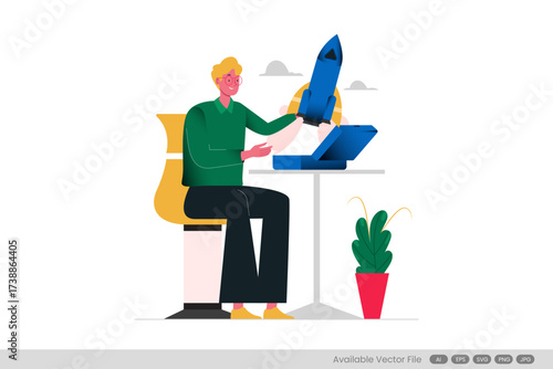 Person holds blue rocket above open briefcase
