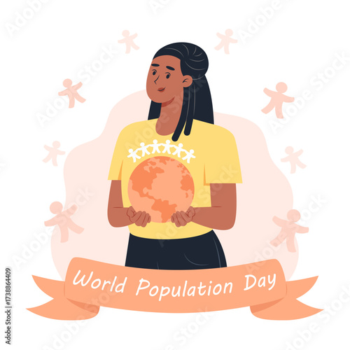 Person holds globe with people figures on shirt banner says World Population Day