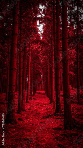 Atmospheric photo of a dark red forest, eerie lighting, and creepy surreal ambiance, evoking fantasy or horror vibes in a moody autumn landscape.