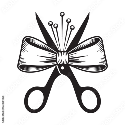 Elegant Sewing Emblem Scissors and Pins Entwined with a Decorative Ribbon Tailoring Craft Imagery Fashion Design Industry Symbol Creative Art