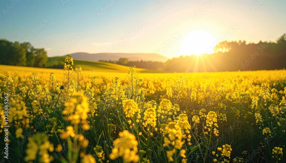 Obraz premium Scenic Twilight Field of Yellow Flowers and Rolling Hills Under a Warm Sun in Horizontal Panoramic View and Blue Sky with Golden Hues in Rural Landscape