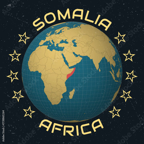 Somalia on Globe. Country name round text. Vintage look with grunge scratched texture. Country view on world map in Sky Blue Light Yellow color palette. Somalia shape on map. Neat vector illustration.