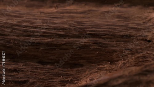 Close-up video of agarwood surface showing rich natural texture. Camera pans slowly with light gliding across to reveal unique wooden grain details.